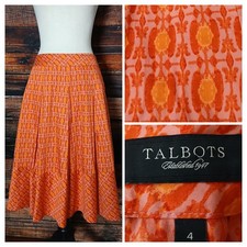 Talbots Skirt 4 A-Line 100 Cotton Pockets Orange Pink Pleated Zip Back