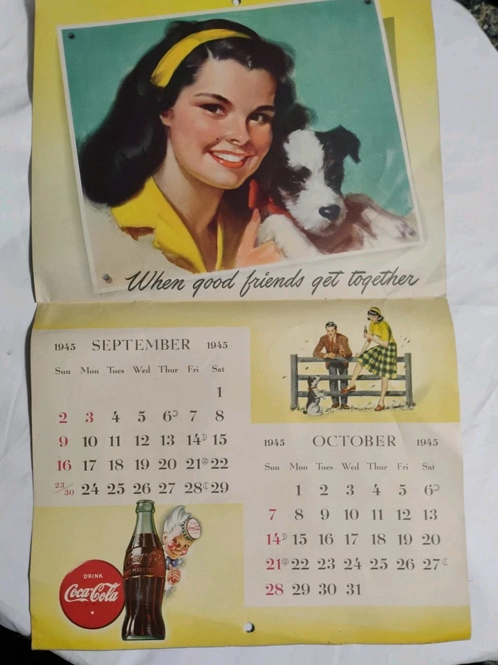 Винтажный оригинальный календарь для девочек-подростков 1945 Coca-Cola пин-ап - Изображение 3 из 4