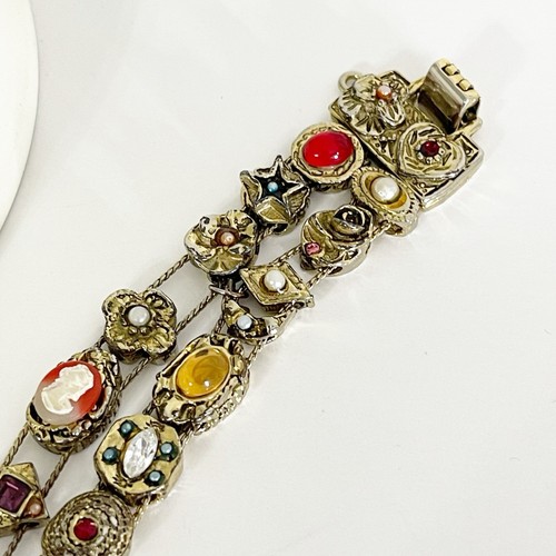 Vintage Victorian Revival Double Slide Charm Bracelet Gold Tone Jeweled Cameo - Picture 6 of 24