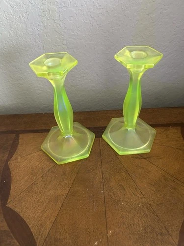Pair Of Antique Fenton Topaz Canary Yellow Vaseline Glass Candle Sticks 6”