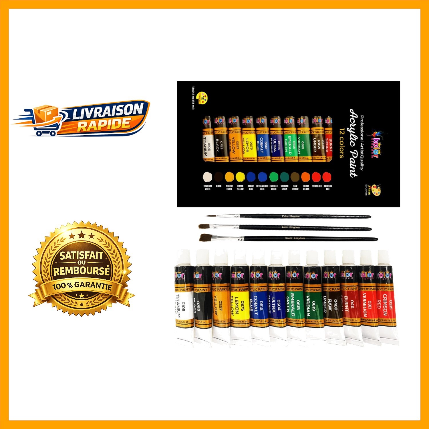 Kit de peinture acrylique pour artistes et débutants avec 24 tubes de 12ml