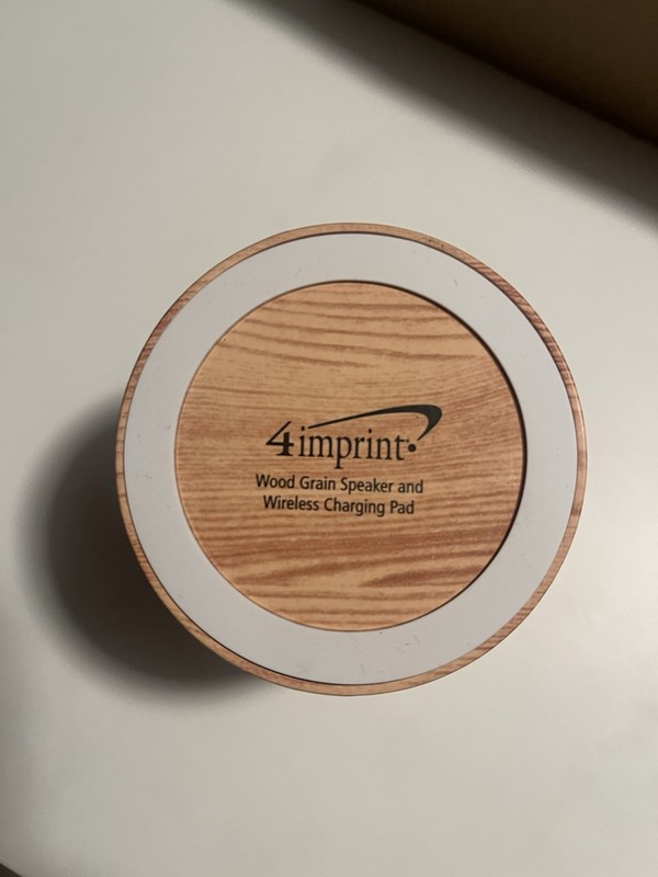 4imprint Wood Grain Portable Speaker Wireless Charging Pad Round Brown/White