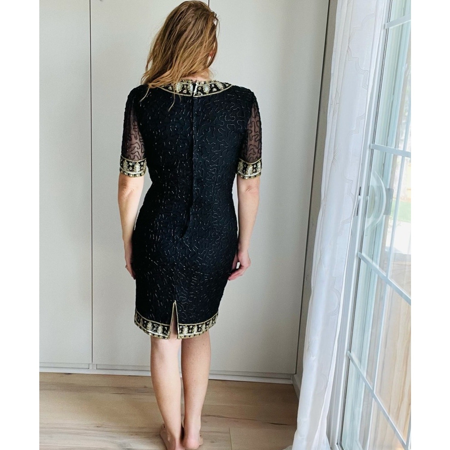 Vintage 80s Lawrence Kazar Silk Beaded Formal Dress Black Tie Embellished