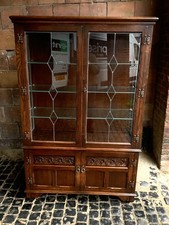 Lovely Old Charm Oak Leaded Glass Bookcase Display Cabinet With Cupboard
