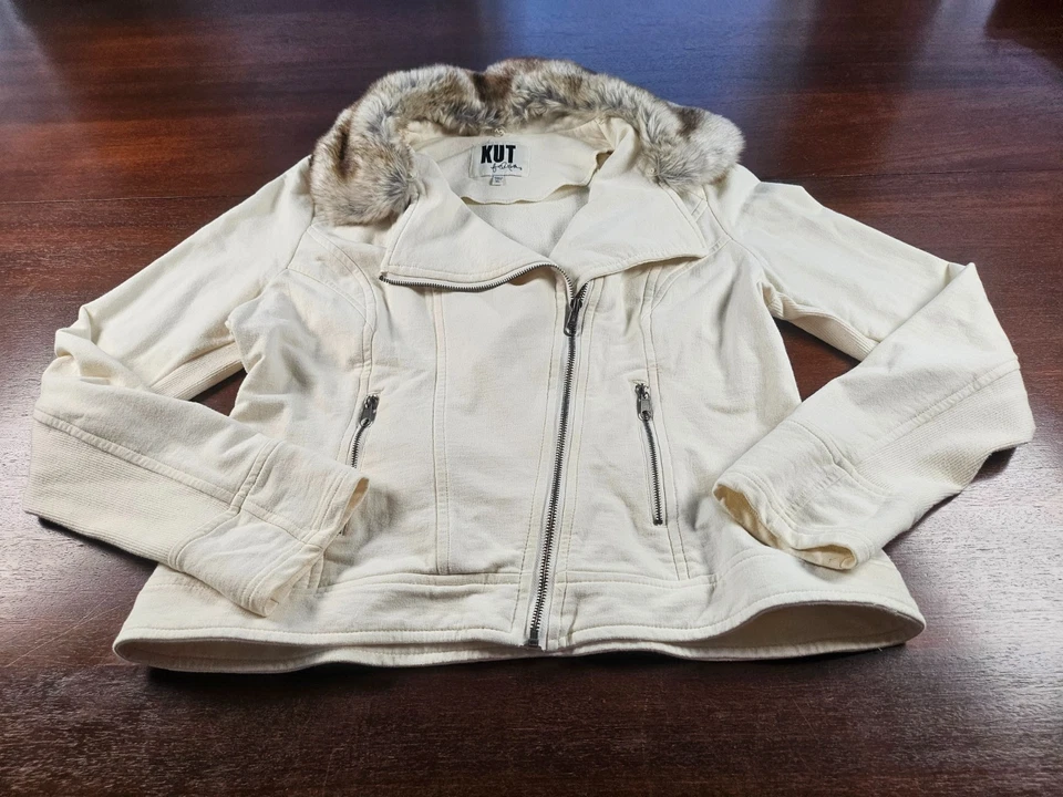 KUT from the Kloth Jacket XL Ivory Removable Faux Fur Collar Full Zip Jacket - Image 2 of 4