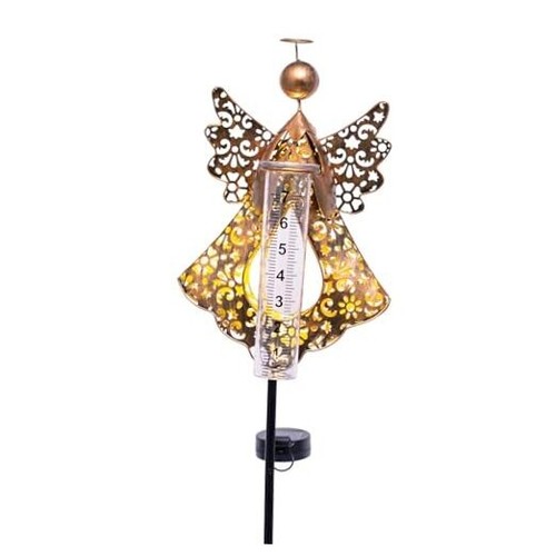 Solar Rain Gauge Outdoor 39'' Metal Angel Stake Solar Powered Garden
