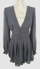 BOOHOO Black Skater Dress Plunge Button Detail Chiffon BNWT Women's Size 10