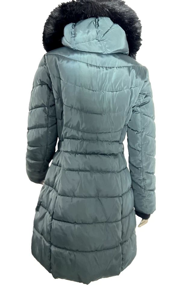 Guess Puffer Coat Womens Medium Green Belted Hooded Faux Fur Trim - Image 3 of 4