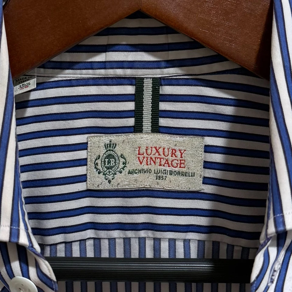 LUIGI BORRELLI LUXURY VINTAGE 15.5 39 Blue White Striped Stretch Dress Shirt - Image 3 of 4