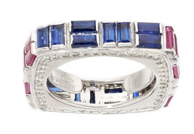 Italian Italy CANTAMESSA Ruby Blue Sapphire Diamond Ring 18k White Gold