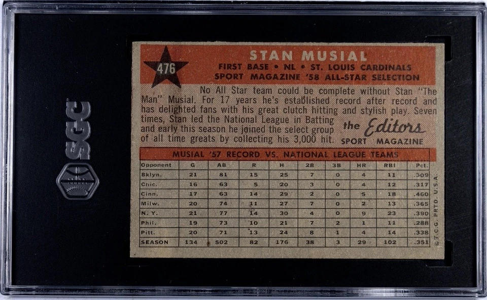 1958 Topps Stan Musial #476 SGC 4 Sport Magazine All Star HOF St Louis Cardinals - Image 2 of 2