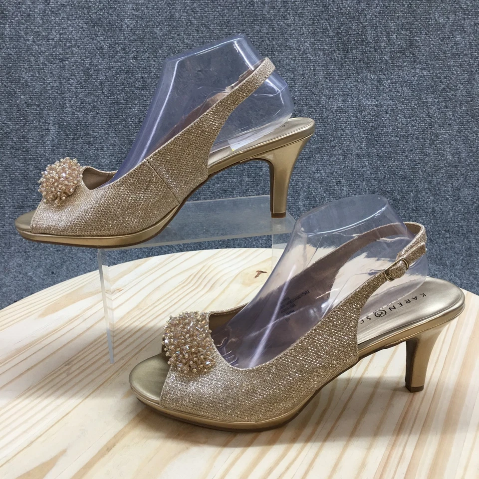 全新 Karen Scott 高跟鞋 女式 9.5 Breena 露趾露背高跟鞋 金色面料 — 第 2/4 张图片