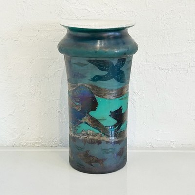 Erwin Eisch Kunstglas Vase blau grün Fischmotiv Studioglas Germany Vintage