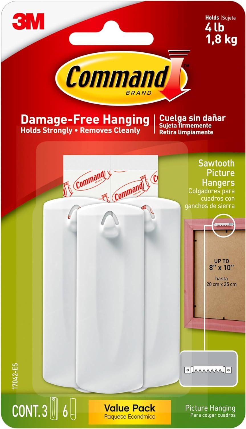 Command Wire-Back Sawtooth Frame Hangers, Holds up to 5 Lbs, 3 Singulars Hangers