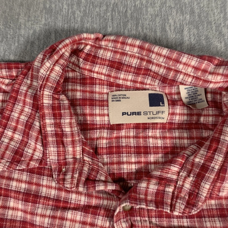Camisa masculina Pure Stuff Nordstrom grande vermelha branca xadrez botão para baixo algodão casual - Imagem 4 de 4