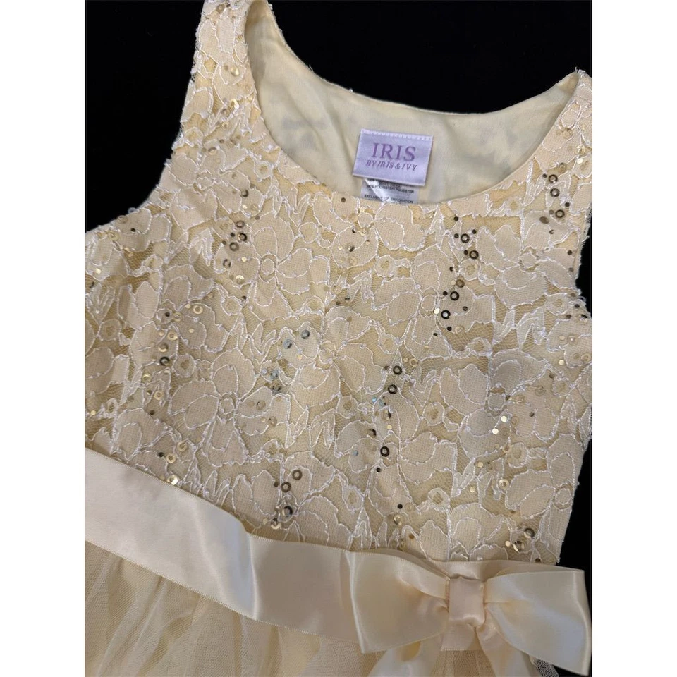 HERMOSO Vestido Amarillo Encaje Tul Niñas Talla M 8 Boda Pascua Sin Mangas Lazo Foto 2 de 4