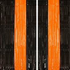 2 Pack Black and Orange Tinsel Foil Fringe Curtain, 3.2Ftx8.2Ft Halloween Bac...