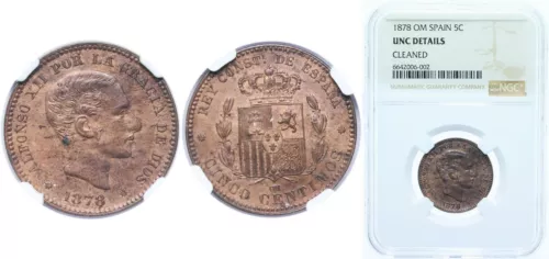 Spain 1878 OM 5 Centimos Bronze 95 copper 4 tin 1 zinc NGC UNC