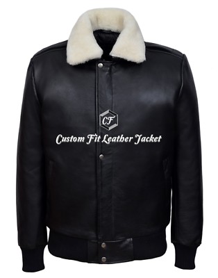  Men's Black Bomber Leather Jacket Fur Collar 100% NAPA Aviator Style (1225)