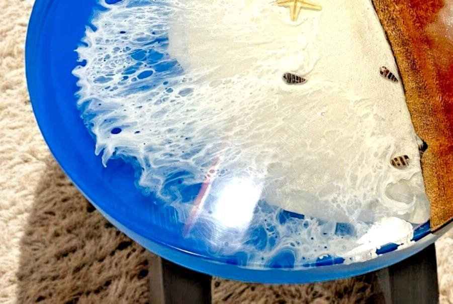 18" Ocean Wave Epoxy Resin Console Table Unique Handmade Acacia Wood Centerpiece - Image 2 of 4