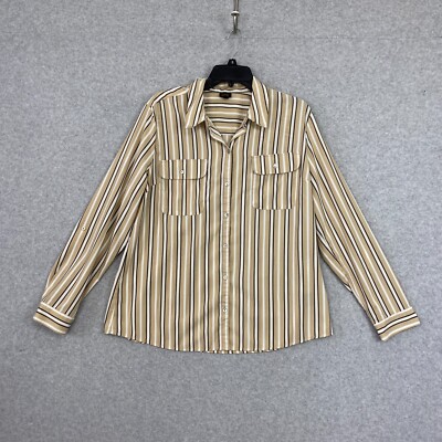 Lee Top Womens XL Tan Striped Button Up Roll Tab Long Sleeve Pockets Blouse