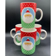4 Santa Hot Cocoa Mugs Whimsical Polk-Dots & Stripes House of Kraus Design