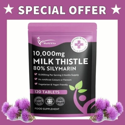 MULTIVITA MILK THISTLE 10,000mg - 120 Tablets High Strength 80% Silymarin 2 Month Supply