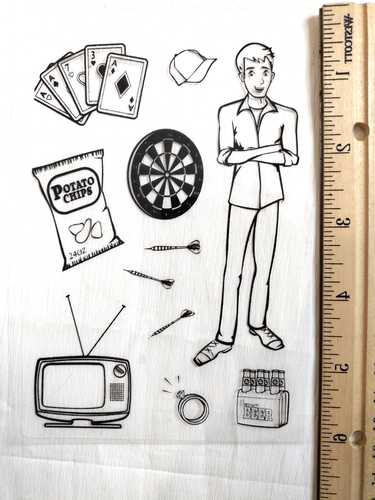 Hanna Stamps! - Manly Stamp Set - masculine, cards, tv, chips, beer, darts, hat - Picture 4 of 4