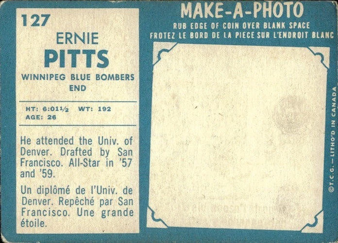 1961 Topps CFL Football SET BREAK #127 Ernie Pitts VG - Image 2 of 2