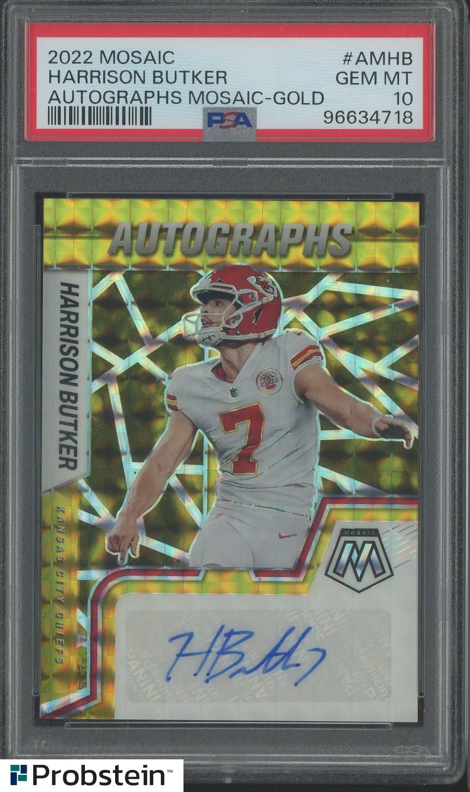2022 Panini Gold Mosaic Prizm Harrison Butker Chiefs AUTO 8/10 PSA 10 GEM MINT view 1