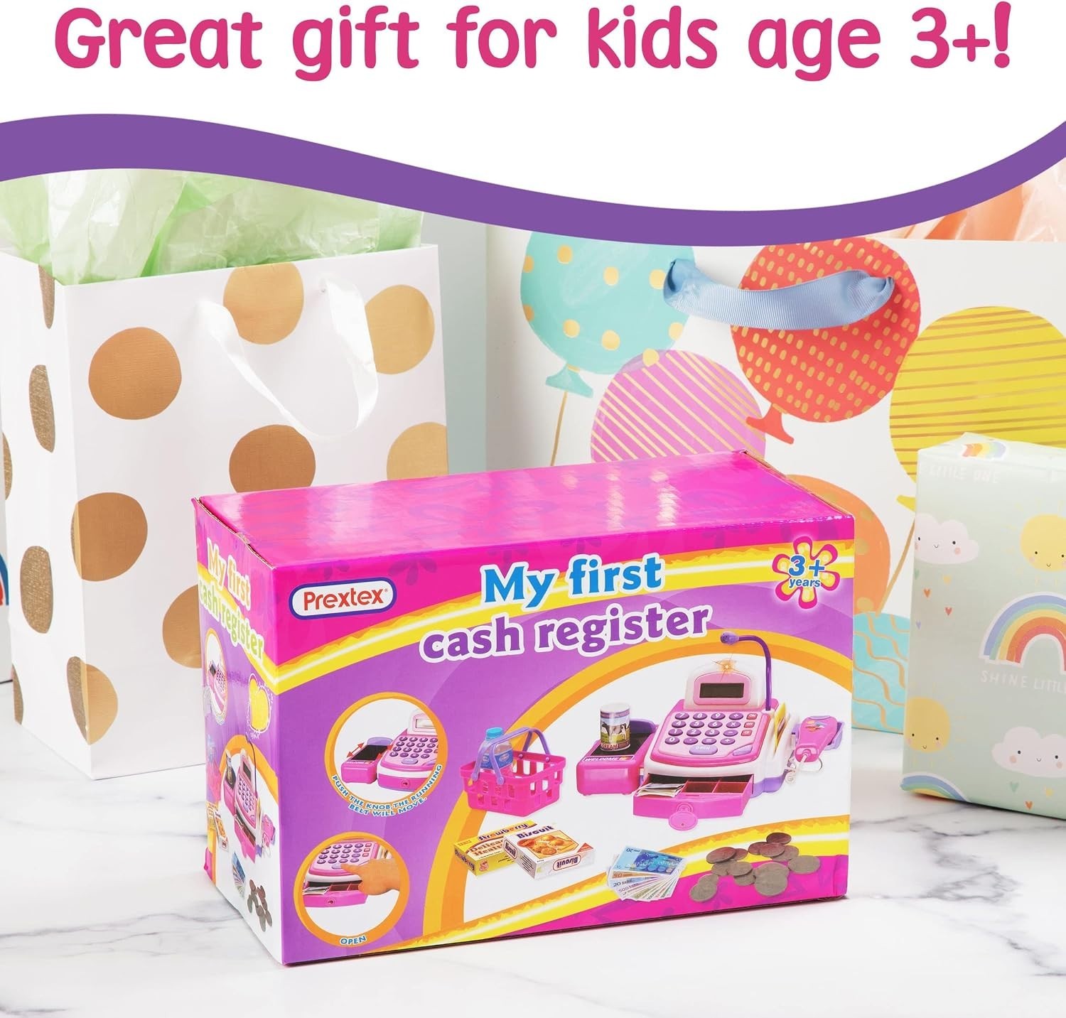 как выглядит Pink Toy Cash Register with Food Basket - Kids Pretend Play фото