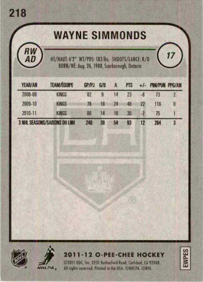 2011-12 O-Pee-Chee Wayne Simmonds #218 - Image 2 of 2