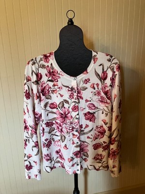 NEW~Karen Scott~Rose/Ivory Cottagecore Garden Floral~L/S~Cotton Blend Cardigan~L