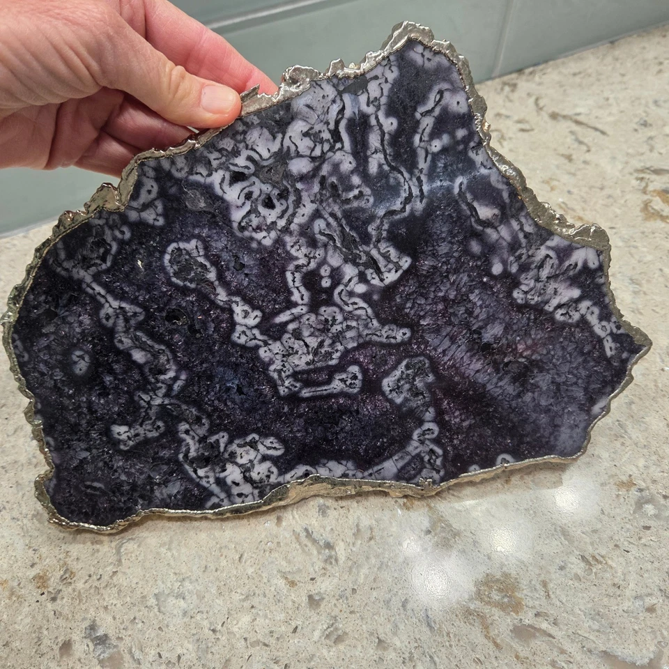 Vintage Anthropologie Agate Geode Slice Serving Tray Gold Edge India - Image 3 of 4