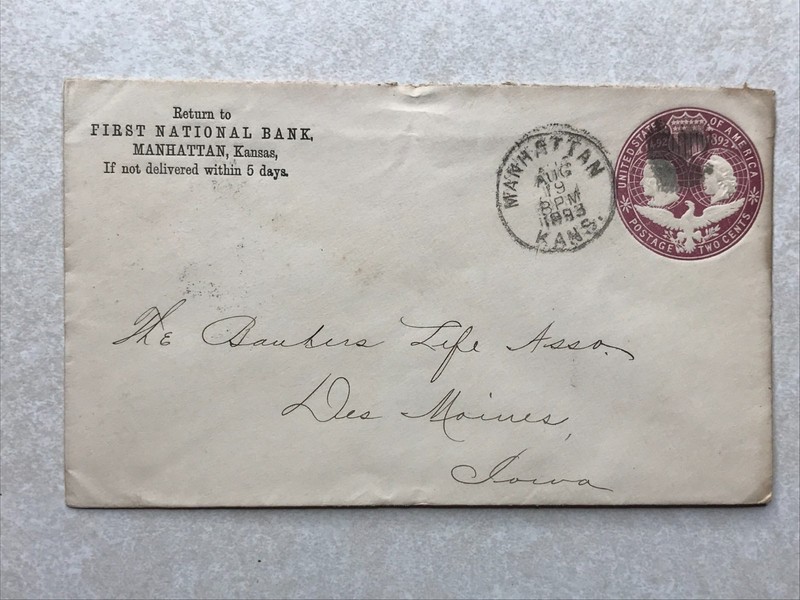 EN2275 Letterhead Postal Envelope First National Bank, Manhattan Kansas KS 1893