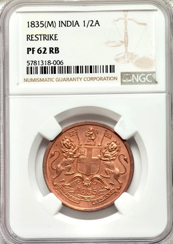 British East India Company 1835 (M)  Half Anna Proof Restrike NGC PF62 RB