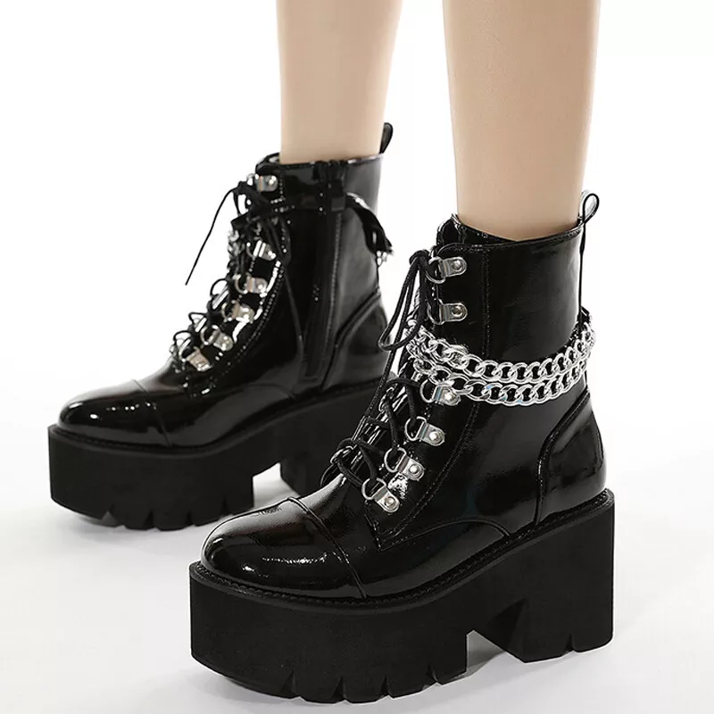 Punk Womens Chain Chelsea Ankle Platform Boots Round Toe Goth Chunky Heels  Shoes