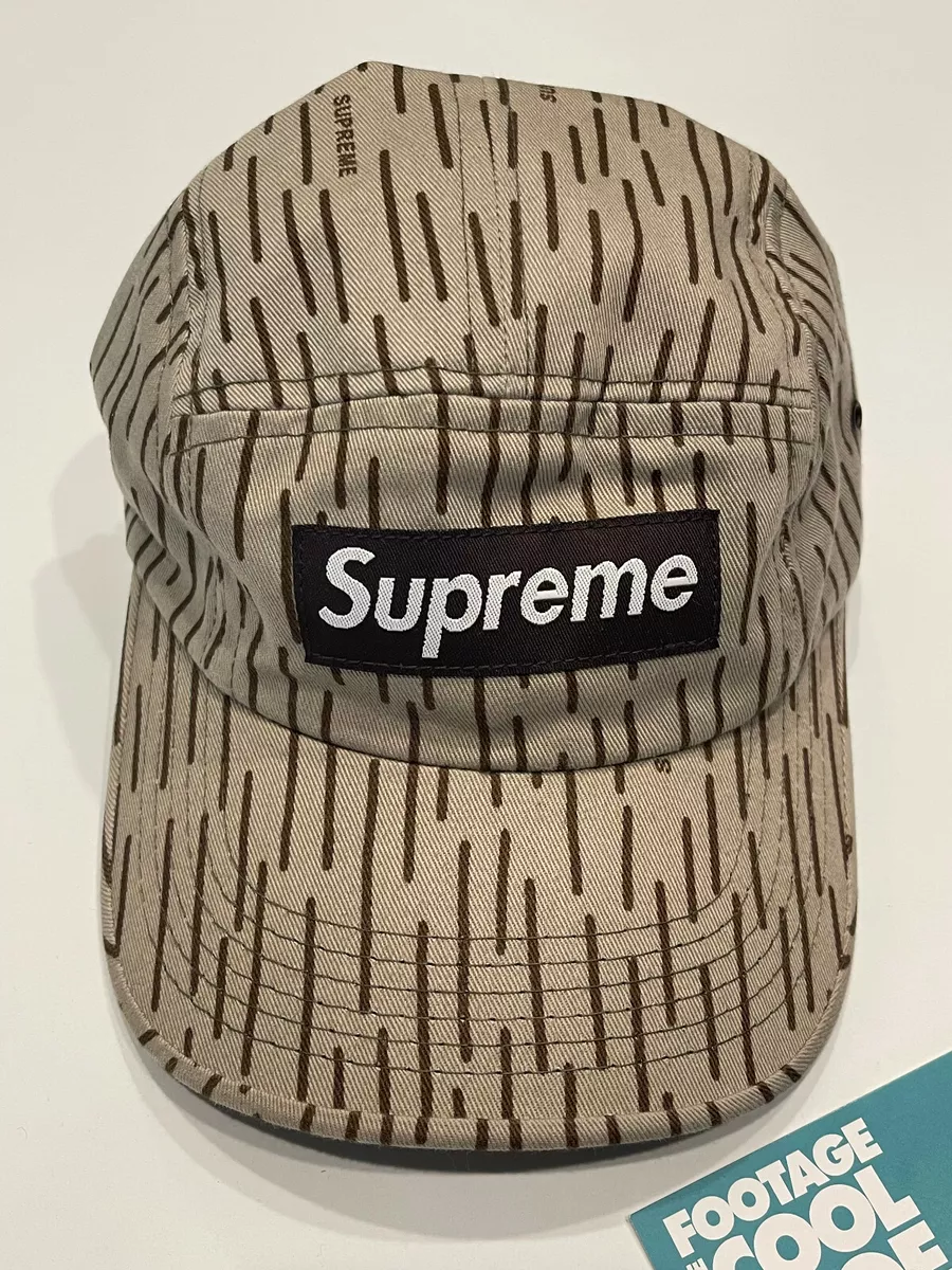 VINTAGE 2000S SUPREME 5-PANEL BOX LOGO CAMP CAP HAT ALL-OVER LINES TAN BROWN