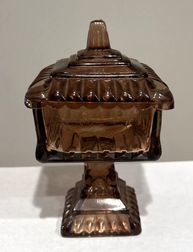 Vintage Jeanette Carnival Glass Wedding Box Dish Brown Plum Pedestal 6.5" w/Lid