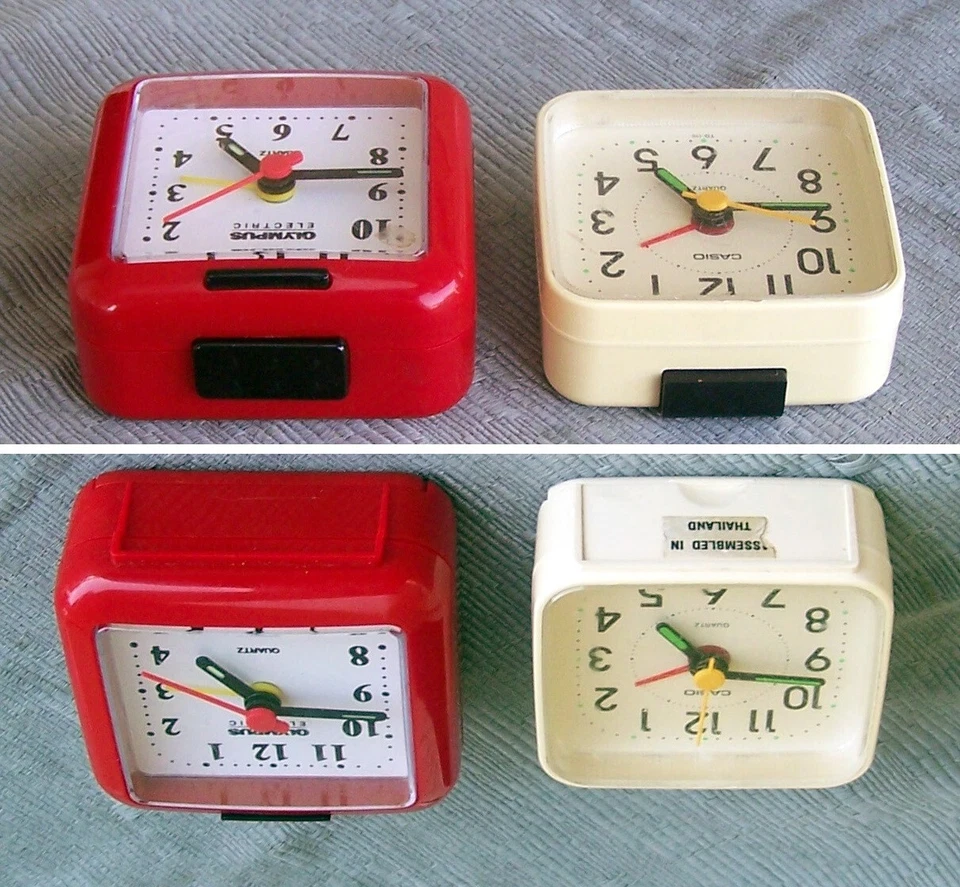 2 Retro Clocks CASIO TQ-110 WHITE and OLYMPUS RED Analog desk ALARM wind up. - Image 2 of 4