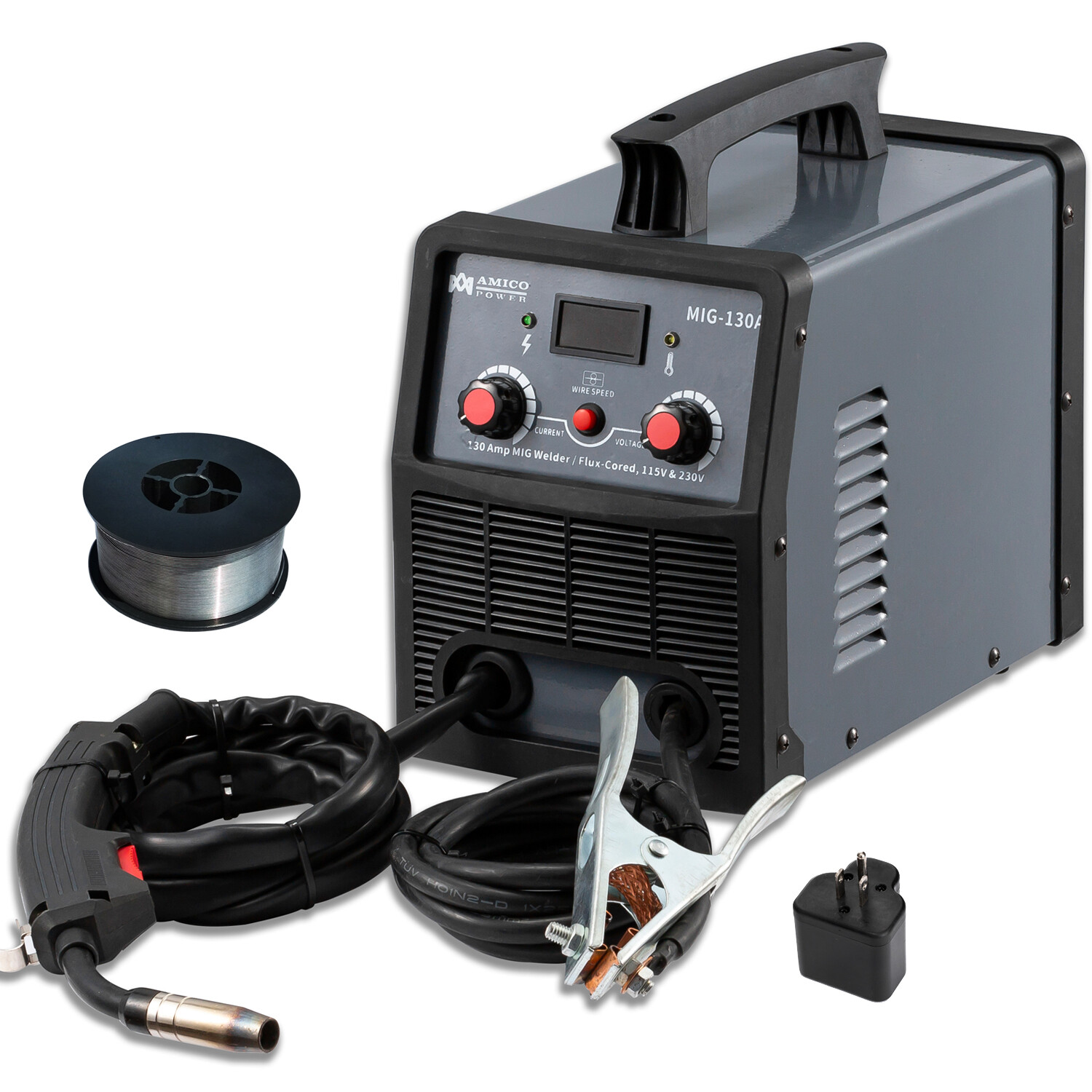 Amico MIG-130A Welder - 130 Amp Dual Voltage MIG/Flux Core Welding Machine, 115V/230V IGBT Inverter