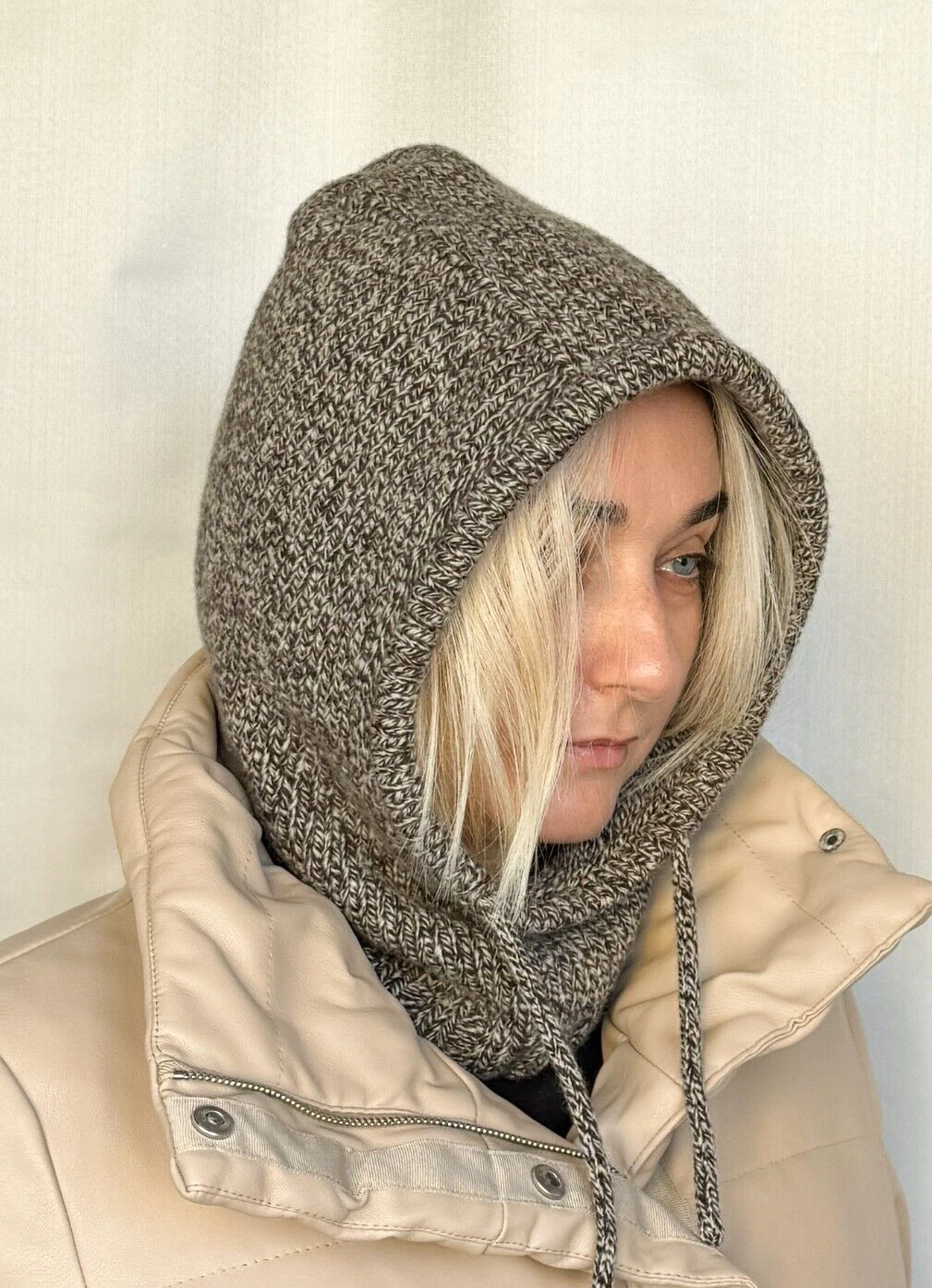 US Stock Brown Cream Merino Wool Knit Hood, Hooded Cowl, Woman Balaclava