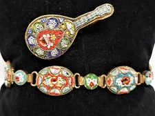 Antique Micro Mosaic Bracelet & FAP Fabbrica Angelo Pessar Guitar Brooch SET