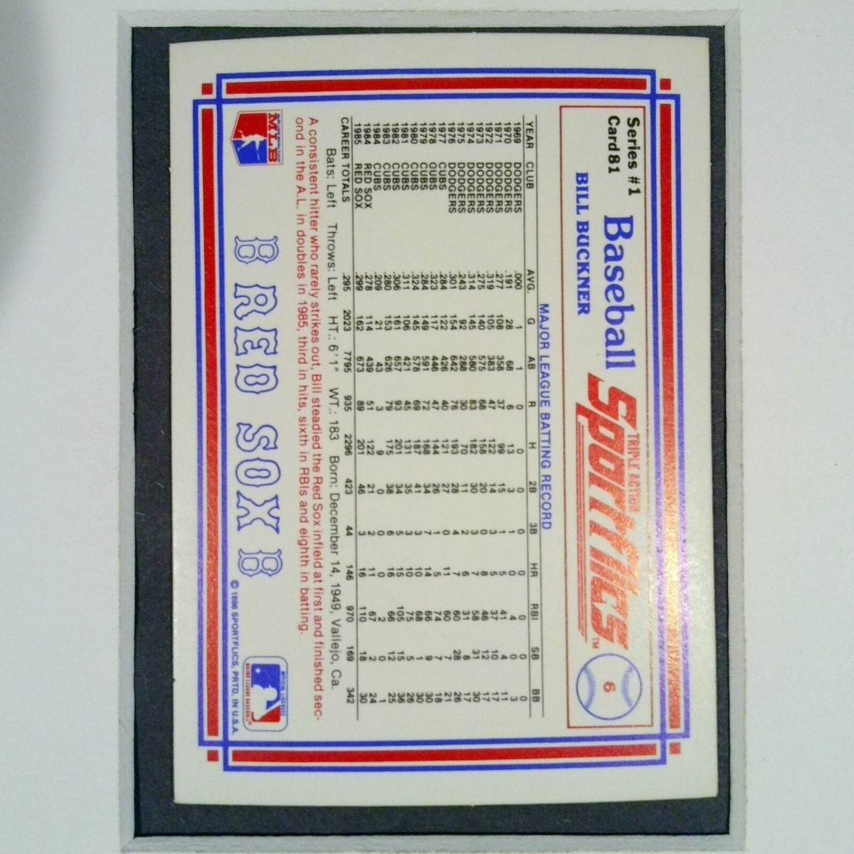 81 Bill Buckner 1986 Sportflics Series 1 MLB Baseball Boston Red