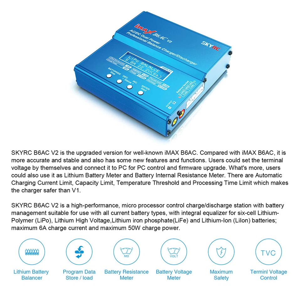 SKYRC iMAX B6AC V2 RC Charger 50W 6A Balance Charger Discharger LCD Screen - Image 2 of 4