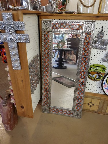 47" x 21" PUNCHED TIN MIRROR with Mexican Talavera Tile Hacienda Style Handmade