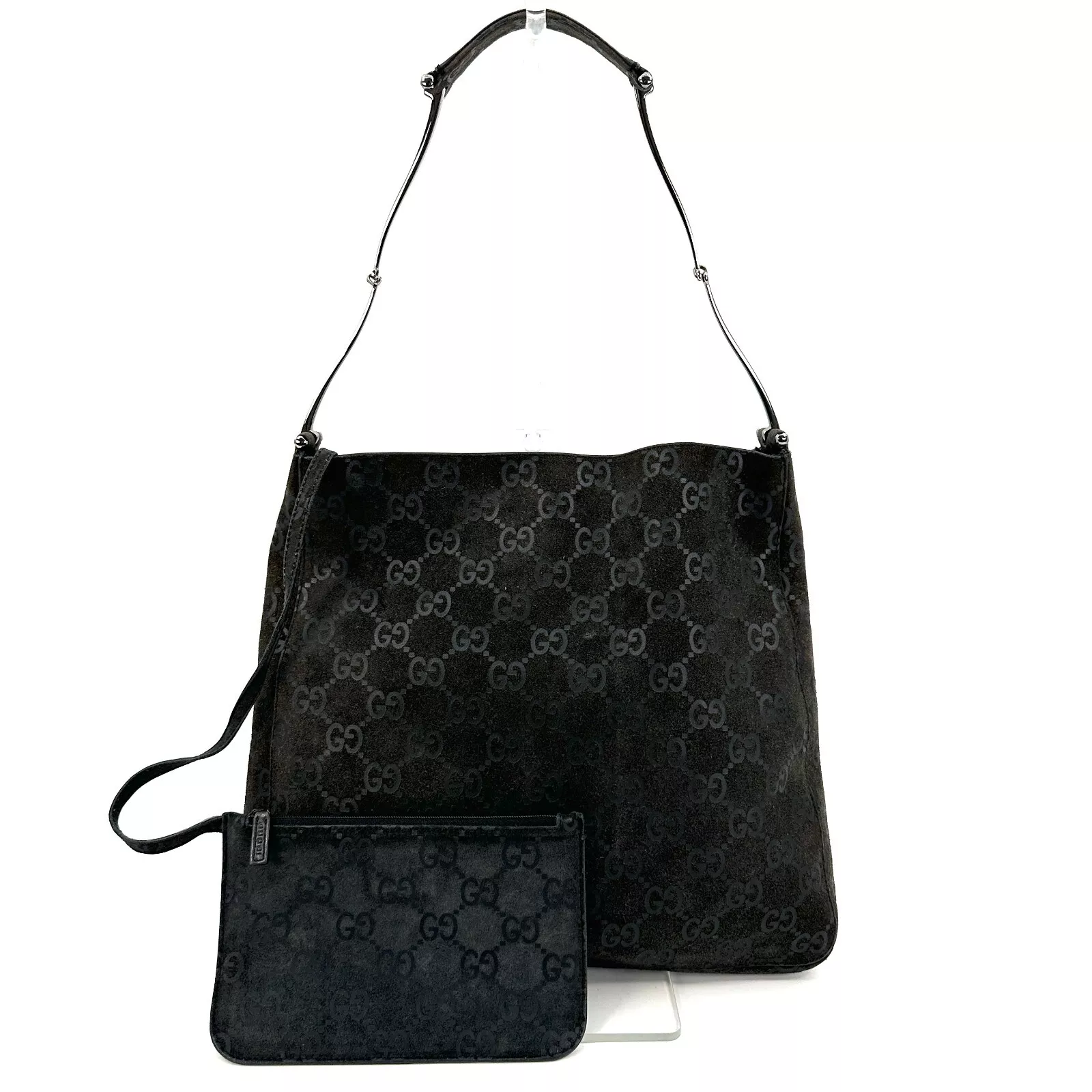 Sac fourre tout GUCCI sac à main GG cuir daim noir pochette authentique
