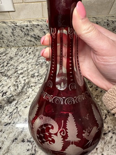 Vintage Egermann Bohemian Style Ruby RedEtched Decanter & 5 Wine Goblets Set - Picture 7 of 15