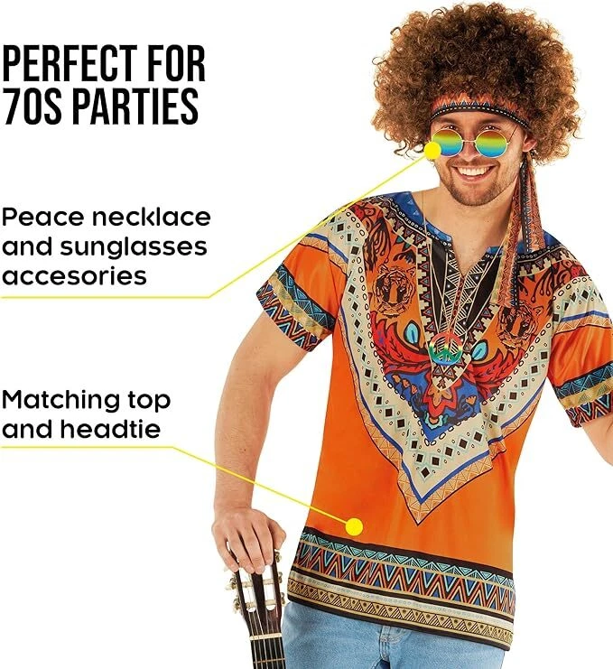 Mens 70s Hippie Costume + Afro Wig & Sunglasses Adult 60s Hippy Outfit Halloween - Image 4 of 4