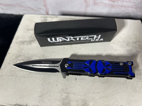 WarTech - Pocket Knife - YC-S-8364-BL - Blue W/ Skulls - New - W/Box - Picture 2 of 21